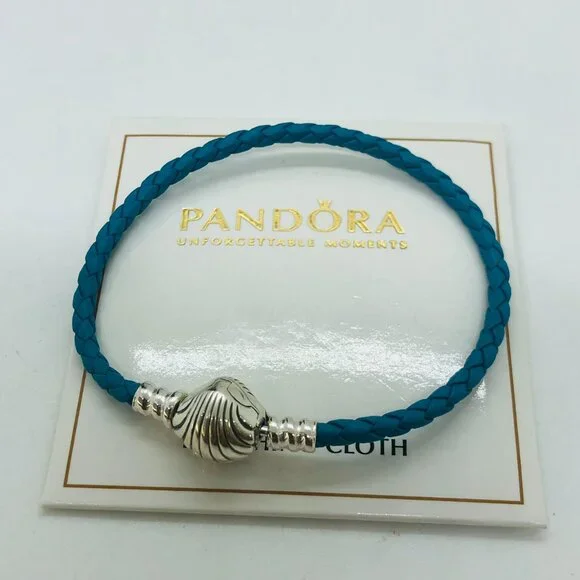 🌞📖Pandora Moments Seashell Clasp Turquoise Braided Leather Bracelet - Picture 2 of 5